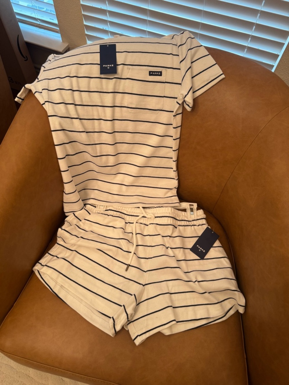 PARKS Cream and Navy Striped Lounge Set - Tee & Shorts